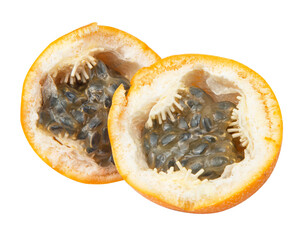 Granadilla. Whole yellow passion fruit and half isolated on white background
