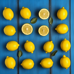Whole and sliced lemons and leaves pattern on pastel blue background. Minimal concept. Citrus fruit flat lay. Generative AI.