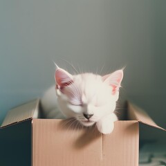 Beautiful white cat sleeping in a box. British Shorthair kitten sleep at home. Closeup pet.
