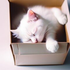 Beautiful white cat sleeping in a box. British Shorthair kitten sleep at home. Closeup pet.