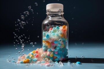 microplastics in a bottle of shampoo, with suds and bubbles, created with generative ai - obrazy, fototapety, plakaty