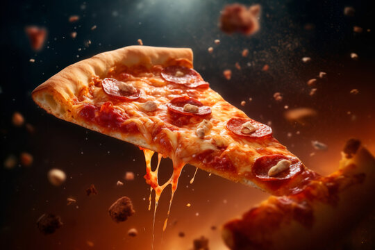 Pizza slice flying in the space concept. Pepperoni salami galaxy pizza with dripping cheese in cosmos visualization.