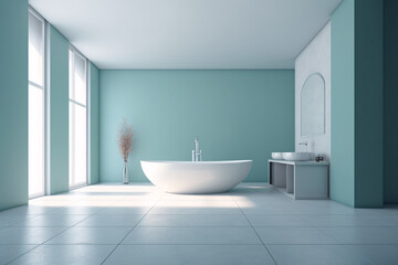 Naklejka na ściany i meble Modern Bathroom Interior With Elegant Blue Walls and Large White Bath for Mockup Design - 8K Ultra High Resolution - Generative AI
