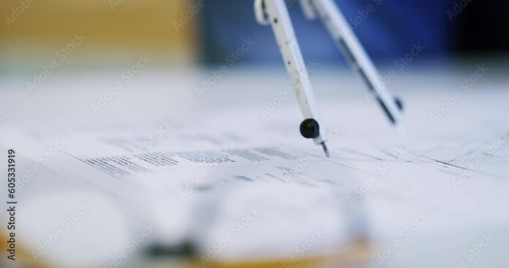 Aufkleber closeup, architecture and compass drawing of blueprint for construction, technical project and build