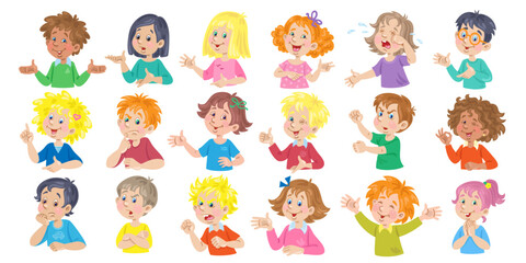 Big set of children of different nationalities with various emotions and gestures. Diversity facial expression. Avatar icons. In cartoon style. Isolated on white background. Vector illustration.