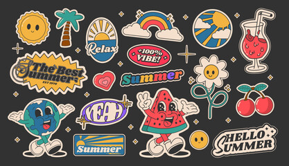 Cartoon summer groovy stickers 70s. Cute retro characters. Hippie style, set cute sunny labels. Isolated on black background - obrazy, fototapety, plakaty