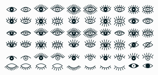 Vector Simple Flat Black and White Outline Eye Icons. Linear Open and Closed Eyes Images, Sleeping Eye Shapes with Eyelash, Supervision and Searching Signs, Observation and Search Marks Collection