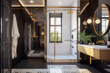 Luxury bathroom in art deco style with golden, black and white colors. Super photo realistic background, generative ai illustration
