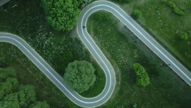 Curvy bike path. A cyclist rides on it. Laid between the trees in the park. Green trees and foliage. The drone descends vertically downwards with the camera down. Aerial photography.