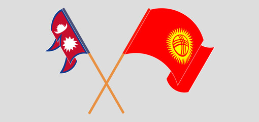 Crossed and waving flags of Nepal and Kyrgyzstan