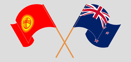 Crossed and waving flags of Kyrgyzstan and New Zealand