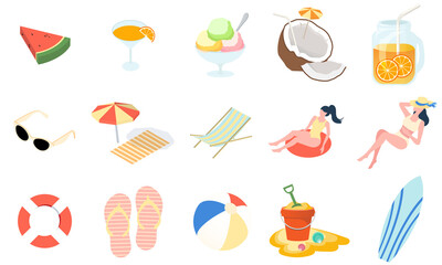 Collection of things for vacation at the beach. Leisure during Summer. Isometric accessories and...