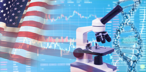 Scientific research concept on USA flag background. 3d illustration