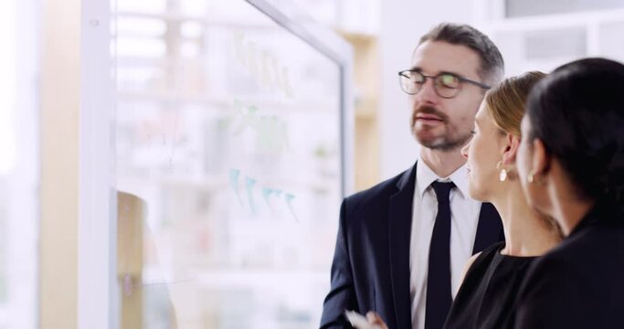 Business people, team and writing notes for brainstorming on glass wall, schedule and planning mindmap of goals. Collaboration, group and ideas for innovation, training and process of target agenda