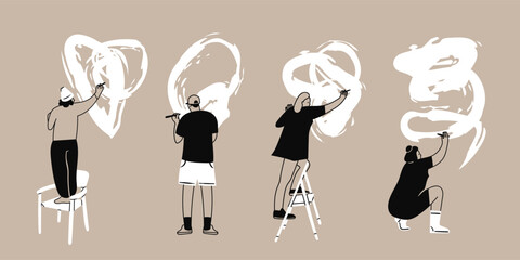 Set of people standing, sitting and writing on a wall. Different brush strokes, abstract shapes. Back view. Cartoon style characters. Isolated design elements. Hand drawn trendy Vector illustration