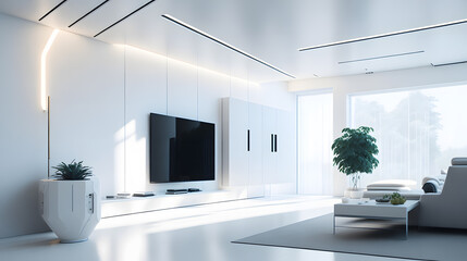 Futuristic design of a modern smart home and minimalist living room, showcasing smart devices, integrated lighting, and a clean aesthetic. Generative AI