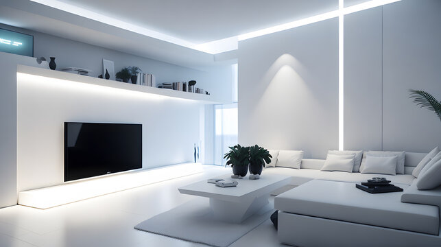 Futuristic design of a modern smart home and minimalist living room, showcasing smart devices, integrated lighting, and a clean aesthetic. Generative AI