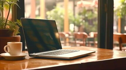 Laptop with blank screen on table workspace laptop showing blank screen background