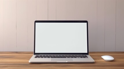 Laptop with blank screen on table workspace laptop showing blank screen background