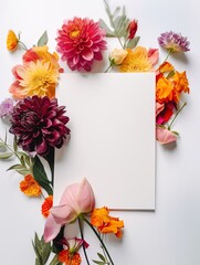 Vertical top view blank card with flowers Abstract organic flowers Blooming floral on white background for invitation card