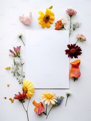 Vertical top view blank card with flowers Abstract organic flowers Blooming floral on white...