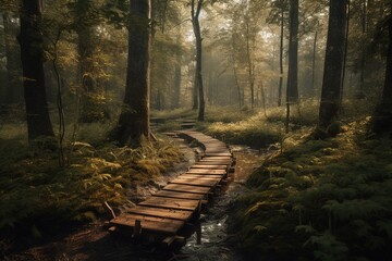 Meandering duckboards path through endless woods . .Generative AI