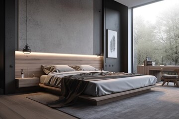 Modern bedchamber with broad view floor coverings and mock .Generative AI