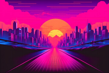 Neon Dreamscape Art: Retro Cyberpunk Sunset with Easy Overlook in Synthwave Background