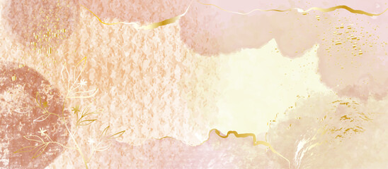 Luxury wallpaper design with pink, blue splash, line art, golden texture. Vector watercolor background. Editable