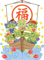 宝船に乗っている龍の七福神たち