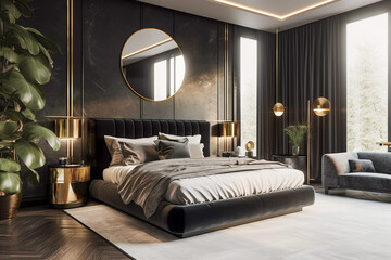 Luxury bedroom in art deco style with golden, black and white colors. Super photo realistic background, generative ai illustration