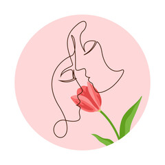 Abstract couple by one line vector illustration. Romantic man and woman touching heads with tulip flower in pink circle. Greeting card or avatar idea. Love, romance, Valentines day concept