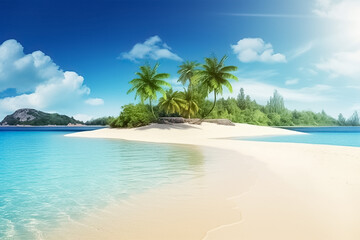 Plakat Idyllic tropical beach, natural landscape with palm tree, bright sunny day. 