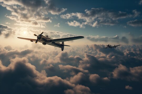 Two WWII planes soar in the clouds. ..Generative AI