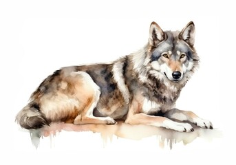 Gray wolf on white background in watercolor style. Generative AI.