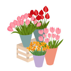 Different kinds flowers set flat vector illustration. Flowers street shop composition