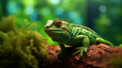 Fototapeta premium A green chameleon or lizard sitting on a rock. Generative AI