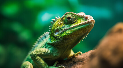 Fototapeta premium A green chameleon or lizard sitting on a rock. Close up Generative AI