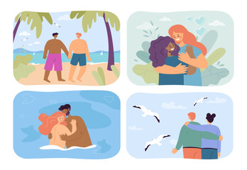 Romantic couples spending time together vector illustrations set. Interracial couples hugging in water, walking on beach, watching birds. Homosexual and heterosexual relationship, love concept