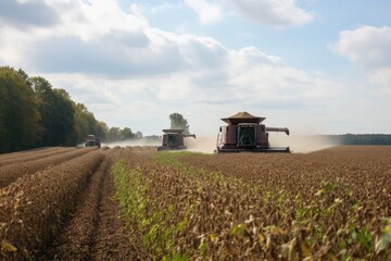 gmo soybean fields, with harvest in progress, created with generative ai - obrazy, fototapety, plakaty