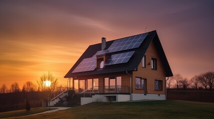 Fototapeta na wymiar Family house with solar panels and sunrise solar energy system Sunset.