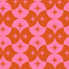 Pink and orange mid century starbursts on scallop  geometric shapes seamless pattern. For fabric, wallpaper, home decor 