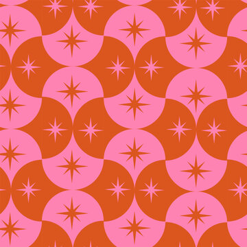 Pink and orange mid century starbursts on scallop  geometric shapes seamless pattern. For fabric, wallpaper, home decor 