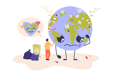 Tiny man next to sad Earth character covered in trash. Male person protecting comic planet by recycling garbage vector illustration. Ecology, environment, climate change, protection concept