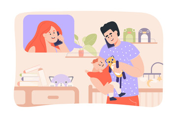 Husband calling wife while playing with baby vector illustration. Cartoon drawing of father talking on phone with mother while taking care of newborn son. Family, parenting, care, love concept