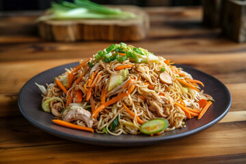 Delicious Asian style stir-fry lemongrass noodles with shredded vegetables sprouts fired in soy sauce and sesame oil. Thai Vietnamese Chinese cuisine