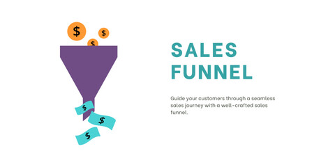 Sales Funnel Banner on Light Background. Stylish Banner with Blue and Black Text and Colored Icons for Business and Marketing