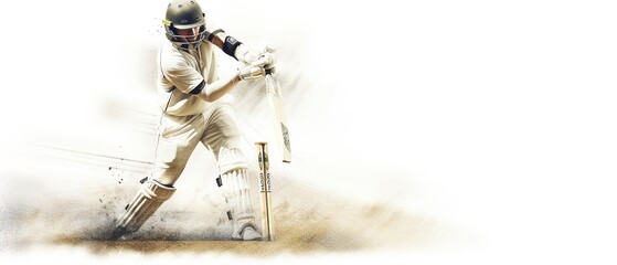 Illustration of batsman in cricket game on watercolor background banner. Ai Generated. - obrazy, fototapety, plakaty