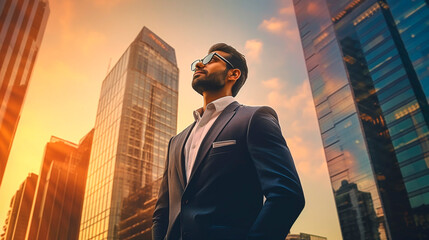 Fototapeta na wymiar Motivated Indian businessman. a man in a suit and sunglasses standing in front of tall buildings. Generative Ai