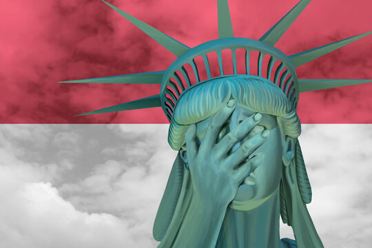 Statue of Liberty. Facepalm emoji on background in colors of Monaco flag